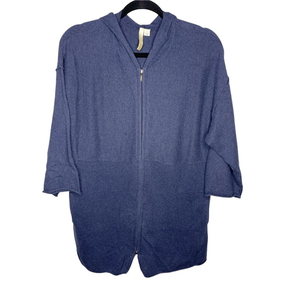 PURE JILL / blue hooded 3/4 sleeve sweater jacket / S